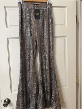 L&B Sequin Snake-Print Flare Pants in Brown and Gray